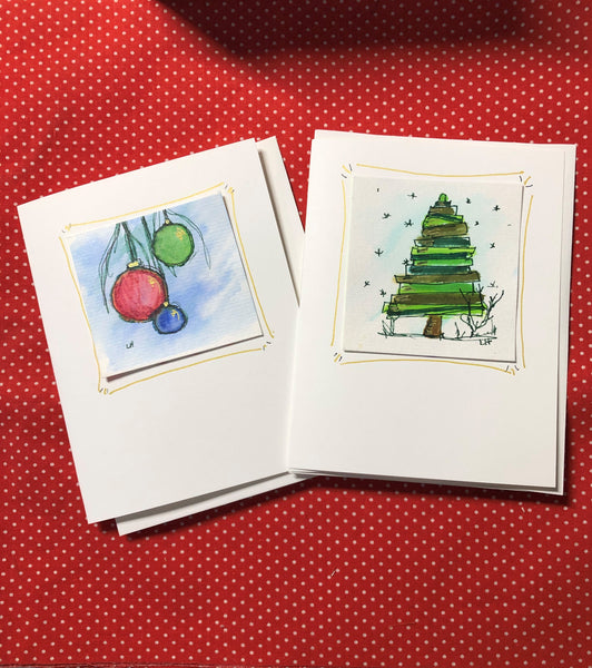 Original Christmas Watercolor Notecard Set of Tree and Ornaments