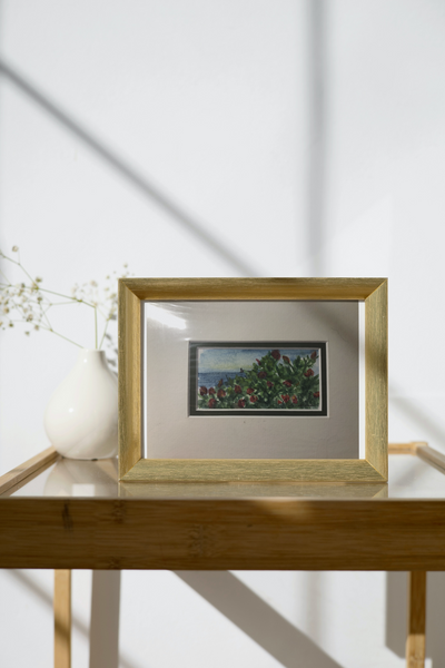 Original Miniature Watercolor Floral Coastal Overlook Landscape