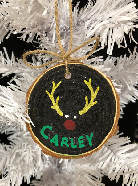 Hand-painted Personalized Wood Rudolf Christmas Ornament; Wood Disc Personalized Christmas Ornament